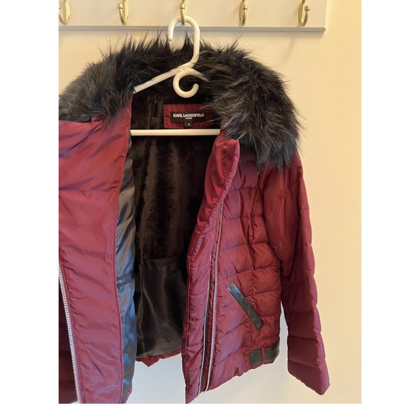 Karl Lagerfeld Burgundy Down Puffer Jacket with Faux Fur - Picture 4 of 9